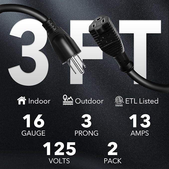BN-LINK 3 Ft Outdoor Extension Cord 16/3 SJTW General Purpose Power Cord, 3 Prong Grounded Plug, 13-Amp, Black, for Lawn, Garden, Appliances, 3 Pack