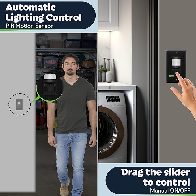 TOPGREENER in Wall PIR Motion Sensor Light Switch, Occupancy Sensor Switch, 𝐍𝐞𝐮𝐭𝐫𝐚𝐥 𝐖𝐢𝐫𝐞 𝐑𝐞𝐪𝐮𝐢𝐫𝐞𝐝, On/Off Override, 𝐒𝐢𝐧𝐠𝐥𝐞 𝐏𝐨𝐥𝐞, 4A, 500W, TSOS5-BKWP,Black,2 Pack