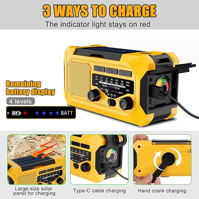 Emergency Hand Crank Radio with LED Flashlight, AM/FM NOAA Portable Weather Alert Radio, Solar Powered Radio with Phone Charger, USB Charged, Headphone Jack, SOS Alarm, Compass for Outdoors Yellow