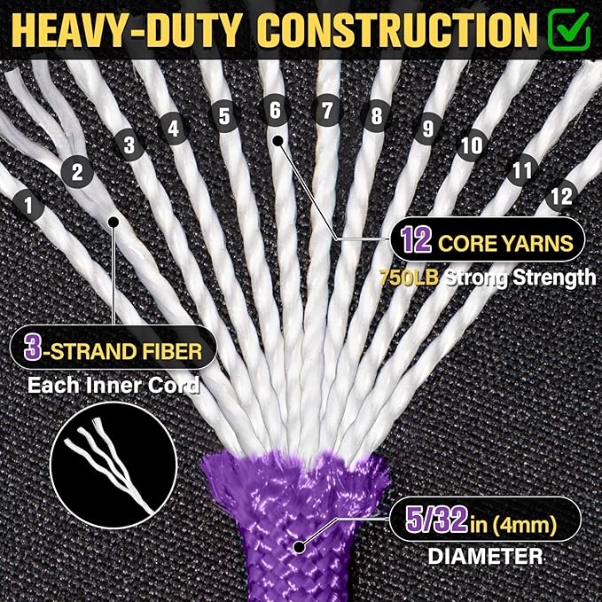 Paracord Rope 750 lb - 1000ft 5/32" Parachute Cord 4MM 12-Strand para Cord - Heavy Duty Spool String for Survival,Camping Gear, Survival Bracelet, Clothesline - Purple