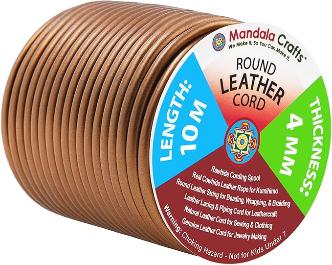 Mandala Crafts Round Genuine Bronze Leather Cord for Jewelry Making – 4mm Cowhide Leather Rope String Lace for Kumihimo – 11 Yards Cowhide Craft Cording Spool