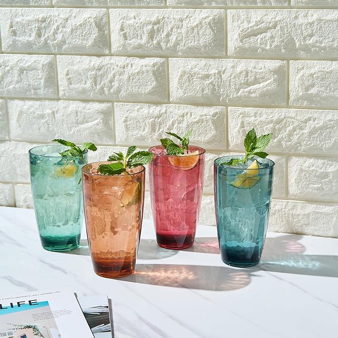 Unbreakable Large Premium Plastic Reusable Drinking Glasses (4 Set) Restaurant Cups Style, Jewel Muted Colors 19 oz Acrylic Tumbler | BPA-Free Tumblers | Top-Rack Dishwasher Safe, Tritan Shatterproof