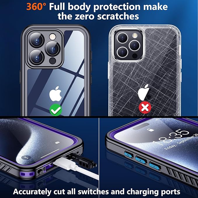 SPIDERCASE for iPhone 15 Pro Case Waterproof, Built-in Lens & Screen Protector, Full Heavy Duty Protection, 12FT Military Shockproof, Dustproof, Anti-Scratched Phone Case,Purple