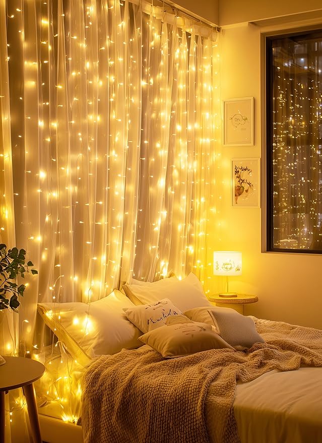 Brightown 300 LED Fairy Curtain Lights, 9.8ft x 9.8ft String Lights, USB Plug in 8 Lighting Modes Christmas String Hanging Lights with Remote for Bedroom Indoor Outdoor Party Xmas Warm White 2 Pack