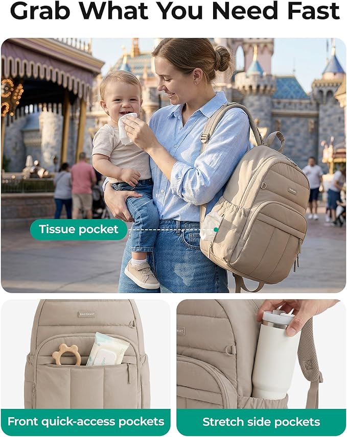 BAGSMART Diaper Bag Backpack, Multi-Pocket Puffy Diaper Bag with Waterproof Changing Pad, Lightweight Stroller-Friendly Diaper Bag with Insulated Pockets, Easy-Access Baby Essential, Camel