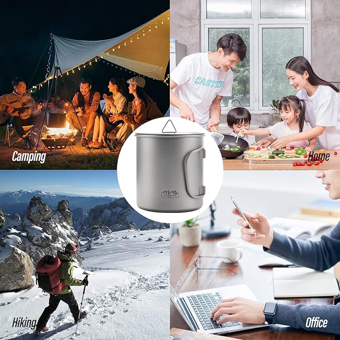 TiTo Titanium Cup Titanium Pot with Lid Ultralight Portable 450ml Foldable Handle Camping Tea Coffee Water Mug for Outdoor Backpacking Hiking Picnic Drinkware with Mesh Sack (Titanium)