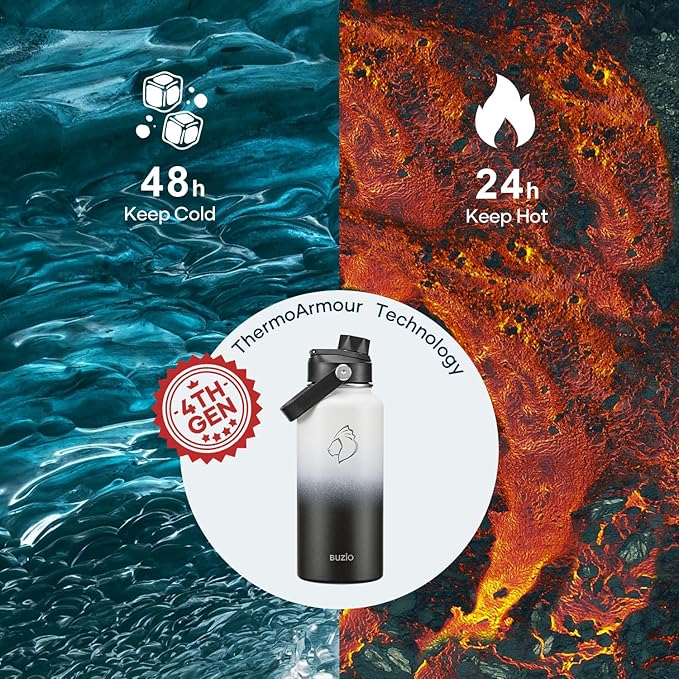 BUZIO 32 oz Water Bottle Insulated, Leakproof Stainless Steel Flask (Cold for 48 Hrs), Wide Mouth BPA-Free Metal Thermo Hydro Canteen with 2 Lids, Day & Night