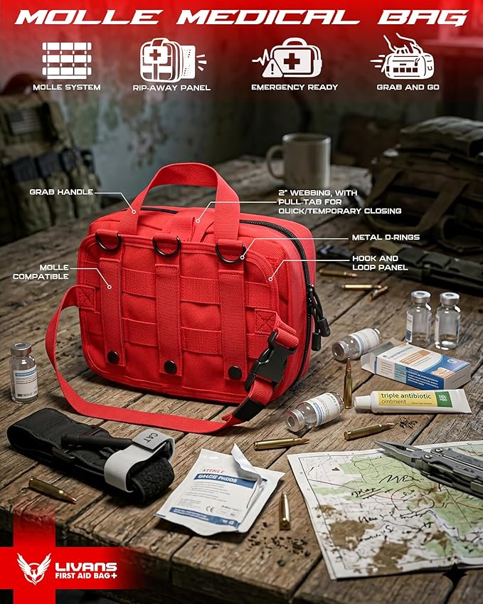 LIVANS Tactical Molle Medical Pouch - Upgraded Size, Large Capacity IFAK Pouch with Detachable Quick Release and Headrest Mount, Includes Flag and Cross Patch