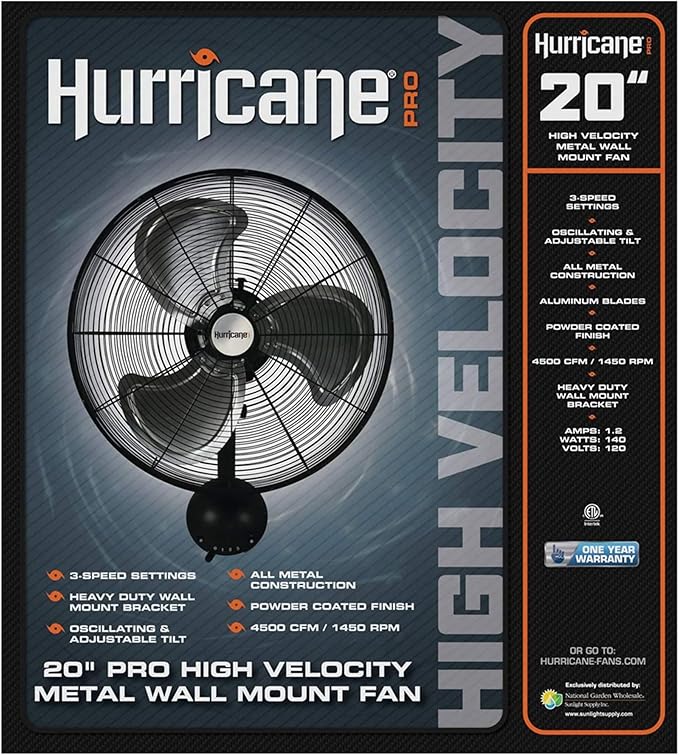 Hurricane Pro High Velocity Oscillating Metal Wall Mount Fan w/ 3 Speeds, Black, 20" - Corded Electric Air Cooling Unit w/ Powerful 4500 CFM Airflow for Home, Garage, Gym, Workshop & Greenhouse