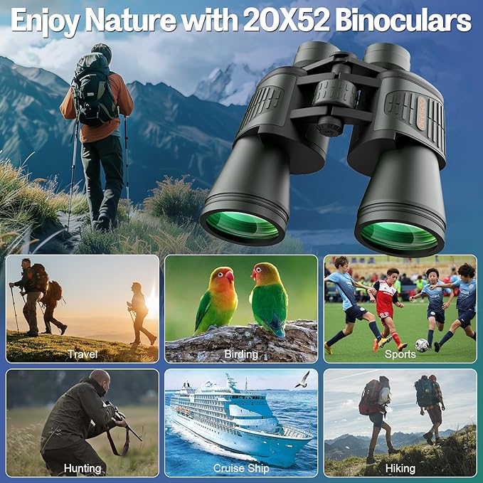 20x52 Binoculars for Adults High Powered - HD Large View Binoculars with Low Light Vision - Professional Binocular for Hunting Bird Watching Travel Cruise Outdoor Sports Gifts for Men - Green