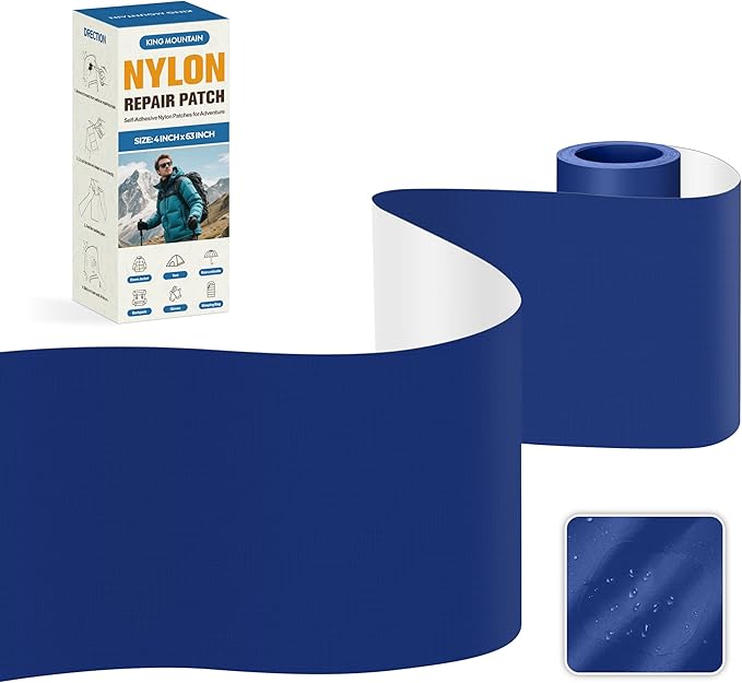 KING MOUNTAIN Self Adhesive Nylon Fabric Repair Tape, 4×63 Inches, Quick Down Jacket Repair Patch, Waterproof Outdoor Gear Patch Kit for Tent,Backpacks,Umbrella, Gloves, Sleeping Bag (Dark Blue)
