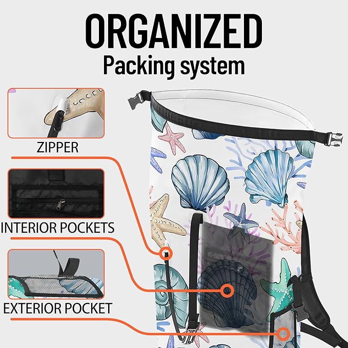Waterproof Dry Bag Heavy Duty Marine Dry Bags for Kayaking Hiking Sea Shell Coral Nautical Starfish Backpack Roll-Top Closure Bag - Backpack Waterproof Phone Case 35L/55L/85L