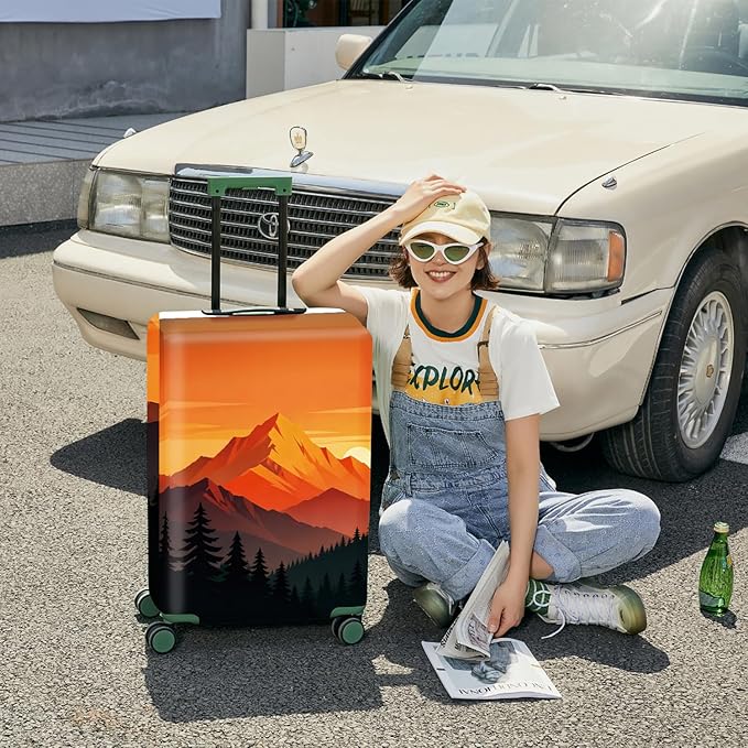 Retro Mountain Landscape Sunset Travel Luggage Cover -Stretchable Airplane Suitcase Protector Sleeve,Universal Washable Fit for 20-26 Inch Checked Baggage,Water Resistant Durable Luggage Protector