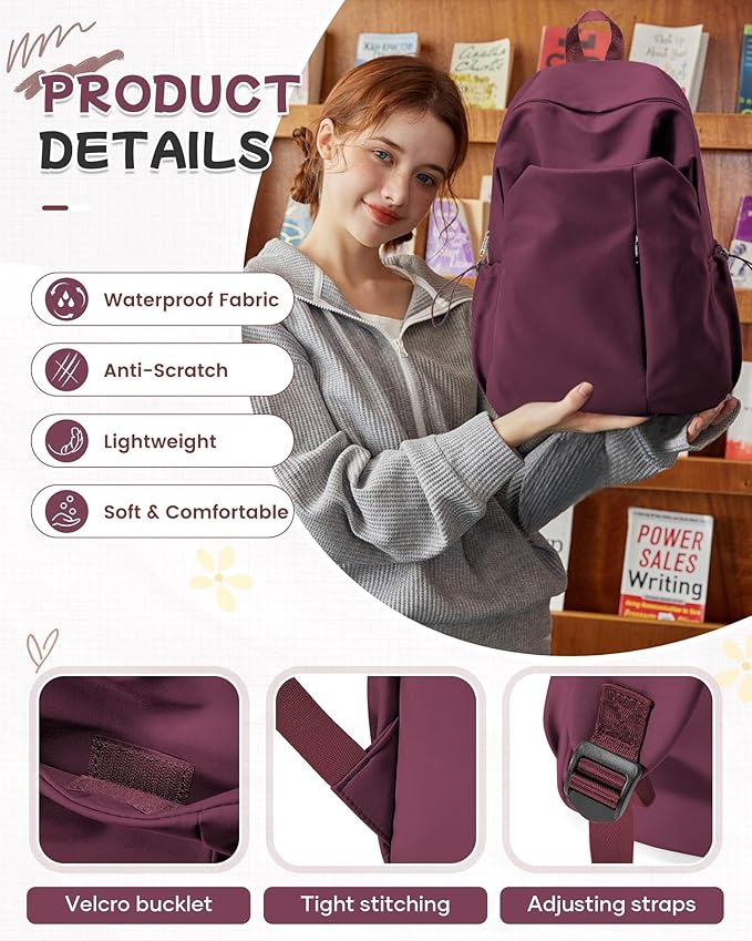 SEAFEW Red School Backpack for Girls Boys, Small Waterproof Bookbag for Women Men, College Student School Bag, Lightweight Travel Rucksack Casual Daypack,Laptop Backpacks