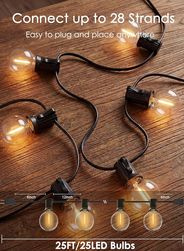SUNSGNE G40 LED Globe Outdoor String Lights Waterproof Shatterproof, 25FT Outdoor Globe Lights with 25 LED Plastic Clear Light for Café Bistro Porch Pergola Tents Balcony Decor, Black Wire