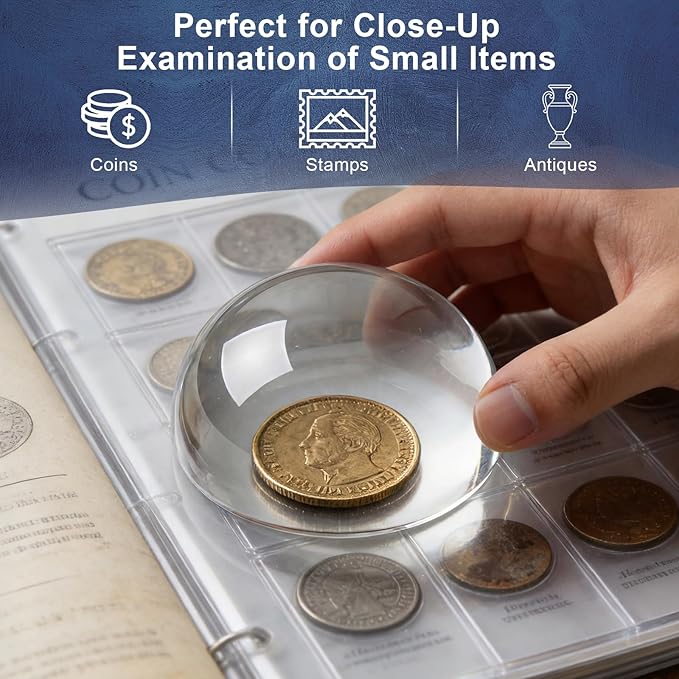 6X Crystal Dome Magnifier Paperweight, 3.8 Inch Large Dome Reading Magnifying Glass with Gift Box, Desktop Paperweight Magnifier for Books, Maps, Documents, Crafts & Seniors (3.8 Inch-Tall Version)
