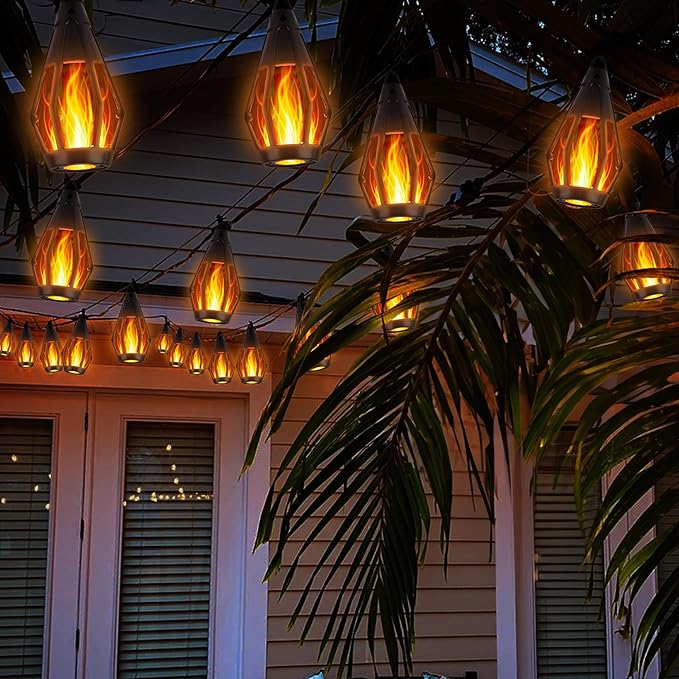 iBaycon Solar Flame Lights, 42Ft 15 LED Bulbs Flickering Flame String Light, Outdoor Waterproof Solar Flame Lights for Garden Yard Lawn Patio Decorations (Warm White)