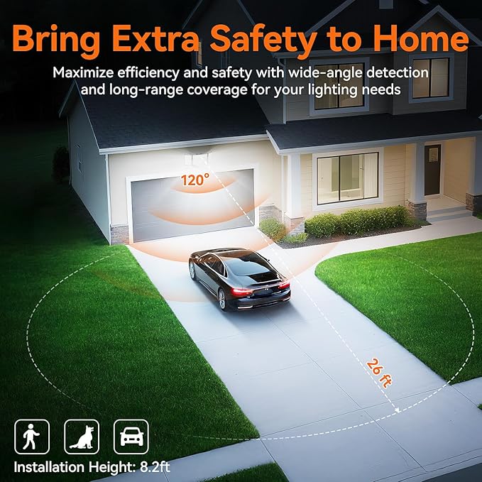 CLAONER LED Security Lights Motion Sensor Outdoor, 20W 3000LM Floodlight 6500K 3 Modes, IP65 Waterproof 3 Head Detected Flood Light for Garage, Yard, Door, Porch, Patio (4 Pack)