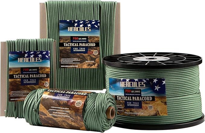 HERCULES 750lb Paracord 4mm 11 Strands Tactical Parachute Cord, 50' 100' 250' 1000' Utility Rope for Camping, Survival, Outdoor Gear (Olive Green, 1000FT)