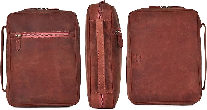 LEATHER VILLAGE Genuine Leather Bible Cover with Zipper for Men & Women - Large Bible Case Carrying Bag Book Cover & Organizer with Handle and Pockets - Leather Bible Covers for Church Study - Fuchsia