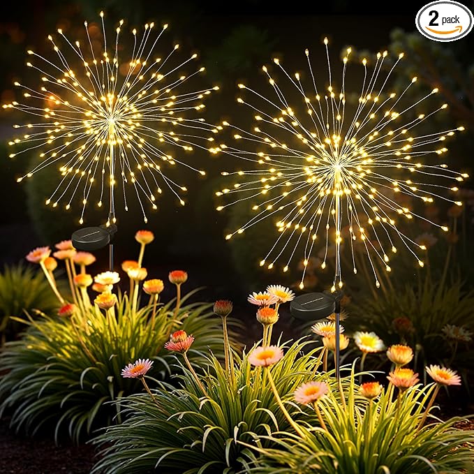 Solar Lights Outdoor, 120LED 2pack Fairy Garden Lights Decor for Outside Fireworks Lights Solar Powered for Yard, Patio, Pathway, Walkway, Balcony, Warm White