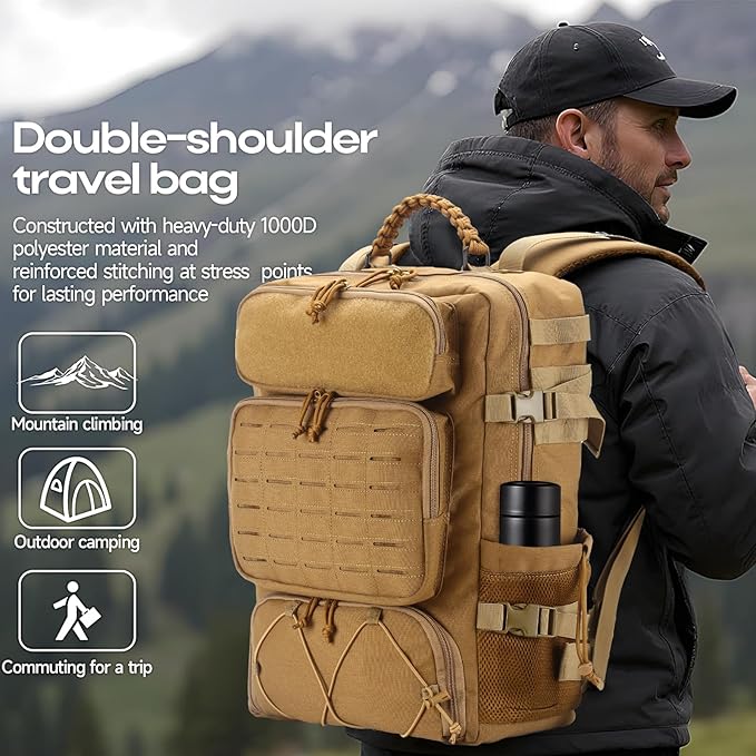 Tactical Backpack for Men, 35L Travel Military Backpack with Shoe Compartment, 1000D Water Resistant Molle Rucksack for Outdoor Hiking Travel Camping, Khaki Color