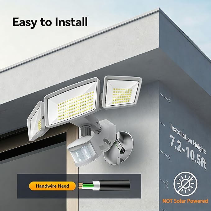 TECKNET 7500LM Motion Sensor Outdoor Lights, 150-LED 3-Head Security Light with Remote Control, 300°Wide Angle Flood Wall Lights with 4 Modes, IP66 Waterproof, Ideal for Garage, Patio, Yard