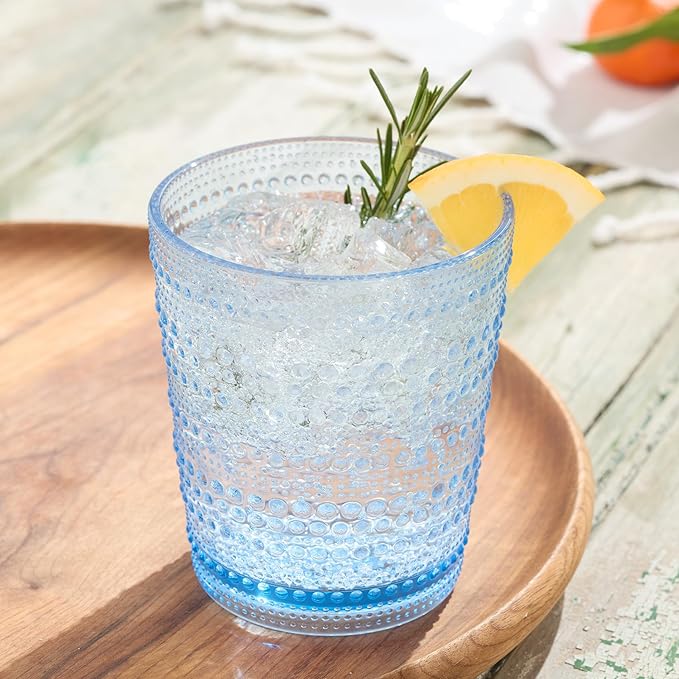 Santa Fe Blue Set of 6 Premium Acrylic DOF Glasses 16 oz – Unbreakable Drinkware with Textured Bubble Design, Dishwasher Safe Tumblers for Indoor & Outdoor Use
