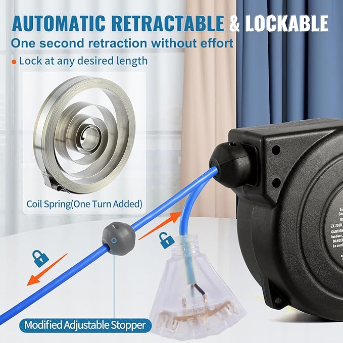 VEVOR Retractable Extension Cord Reel, 30 FT, Heavy Duty 16AWG/3C SJTOW Retractable Power Cord Reel with Lighted Triple Tap Outlet 10 Amp Circuit Breaker, for Ceiling or Wall Mount, Blue