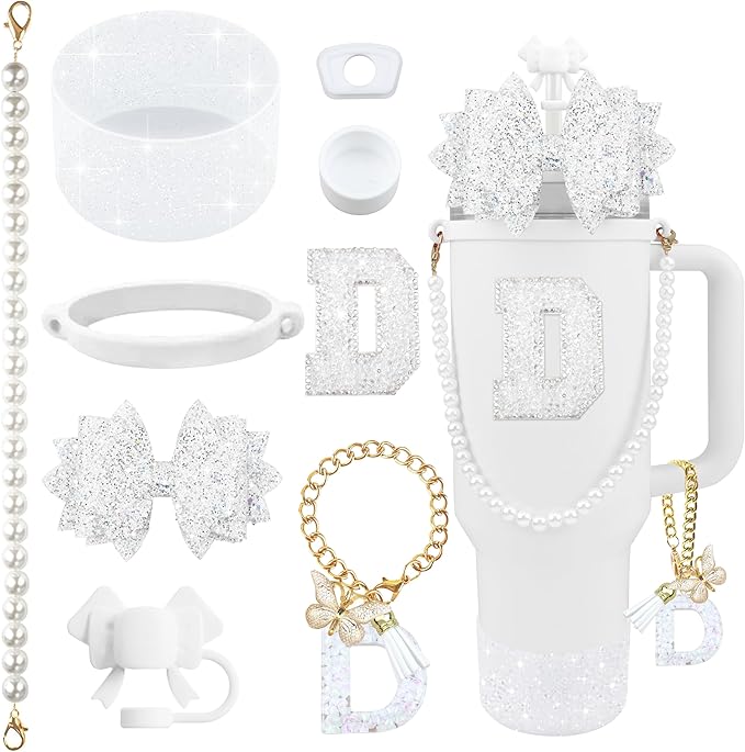 9PCS White for Stanley Cup Accessories Set Bling Initials Bow Charms for Stanley Decorations 30/40 Oz Tumbler Accessories Including Bow Straw Topper, Handle Strap, Spill Stopper（Letter D）