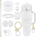 9PCS White for Stanley Cup Accessories Set Bling Initials Bow Charms for Stanley Decorations 30/40 Oz Tumbler Accessories Including Bow Straw Topper, Handle Strap, Spill Stopper（Letter D）