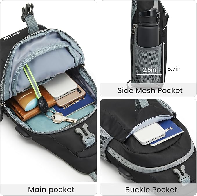 G4Free Sling Bag RFID Crossbody Sling Backpack with USB Charging Port, Travel Hiking Daypack Shoulder Chest Bag for Women Men(Black)