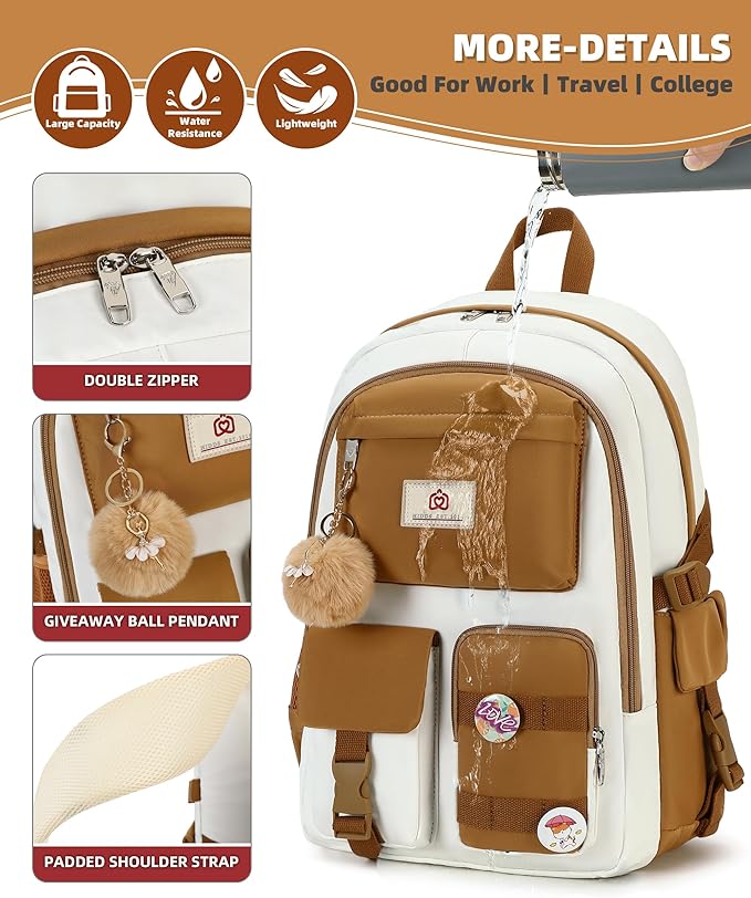 Hidds Laptop Backpacks 15.6 Inch School Bag Elementary Middle High College Backpack Cute Bookbags Anti Theft Travel Back Pack Casual Daypack Kids Book Bag for Teens Girls Women Students-Brown Beige