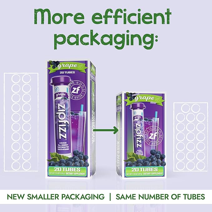 Zipfizz Daily Energy Drink Powder, Grape, 20 Pack | 3-in-1 Sustained Energy, Rapid Hydration, and Essential Vitamins | Sugar-Free | Electrolyte Powder | Contains Vitamin B-12 & Antioxidants