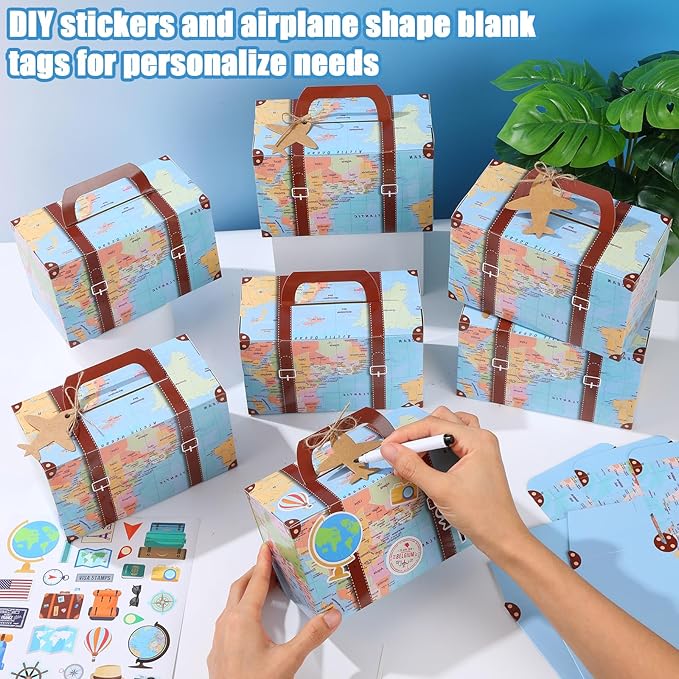 12Pcs Large Suitcase Party Favor Boxes Travel The Map Paper Treat Box with Tags Birthday Supplies Travel Theme Candy Goodie Gift Boxes for Birthday Baby Shower Wedding Adventure Party Table Decoration