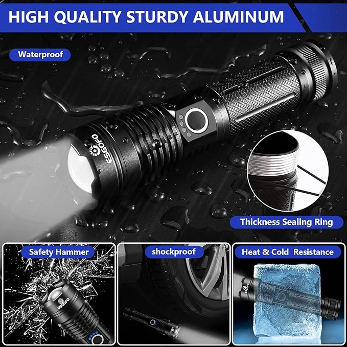 Esgofo Flashlights High Lumens 100000 Rechargeable, Super Bright Handheld LED Flash Light, Powerful Emergency Linternas, Waterproof, Long Lasting, for Hiking Camping Gift