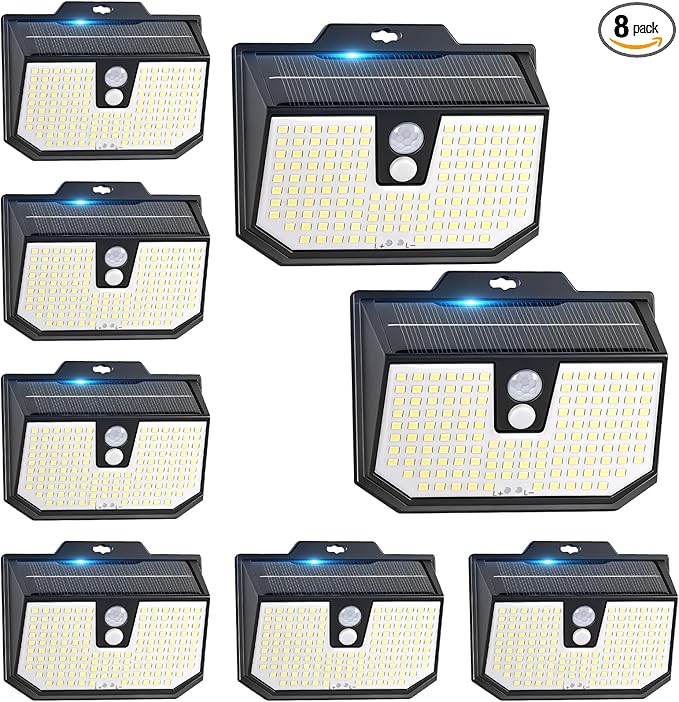 Brightever 8 Packs Solar Motion Sensor Lights Outdoor, Waterproof Solar Fence Lights with 3 Lighting Modes, Solar Powered Security Wall Lights for House, Garage, Garden, Walking Dog, Deck, Step