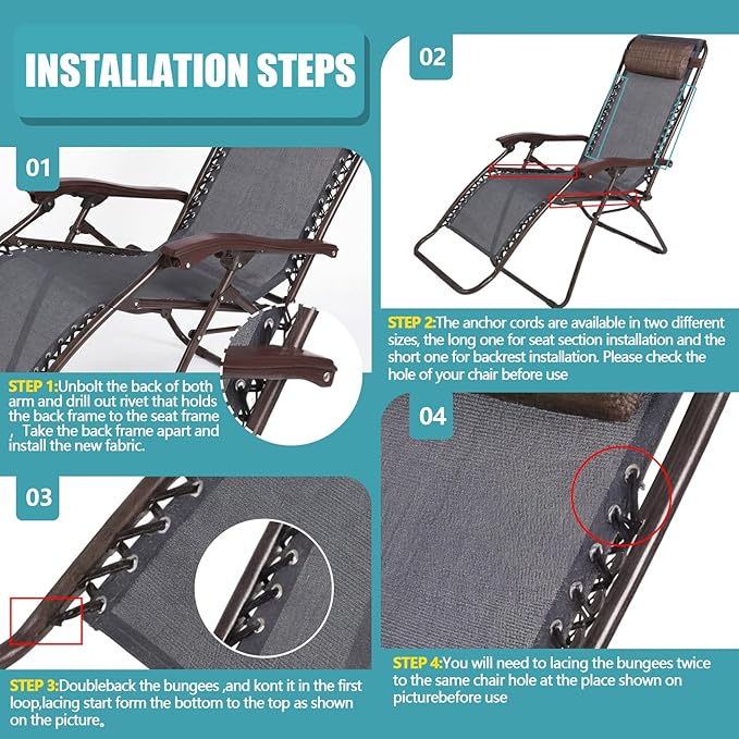 Queekay Chair Replacement Fabric with 4 Bungee Cord Lounge Chair Cloth Mesh Repair Kit for Patio Recliner Outdoor Lawn Pool(63 x 17 Inch,Ice Grey)