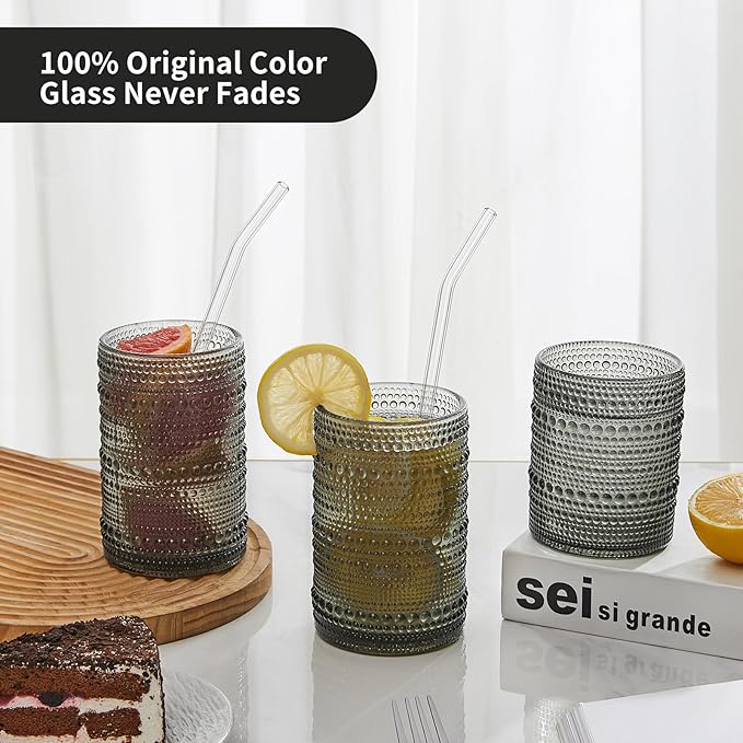 HomeVogue Hobnail Drinking Glasses Set of 6,15 oz Vintage Glassware Set Cocktail Glass Set, Embossed Grey Water Tumbler,for Beer, Whiskey,Juice and Various Mixed Drinks (15OZ Grey)