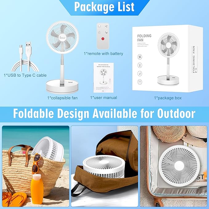 Portable Foldable Rechargeable Oscillating Fan - 8.6" 8000mah Battery Operated USB C Small Fan Remote, Quiet Table Desk Fan Folding Standing Pedestal Fans for Bedroom Rome Office Camping Travel