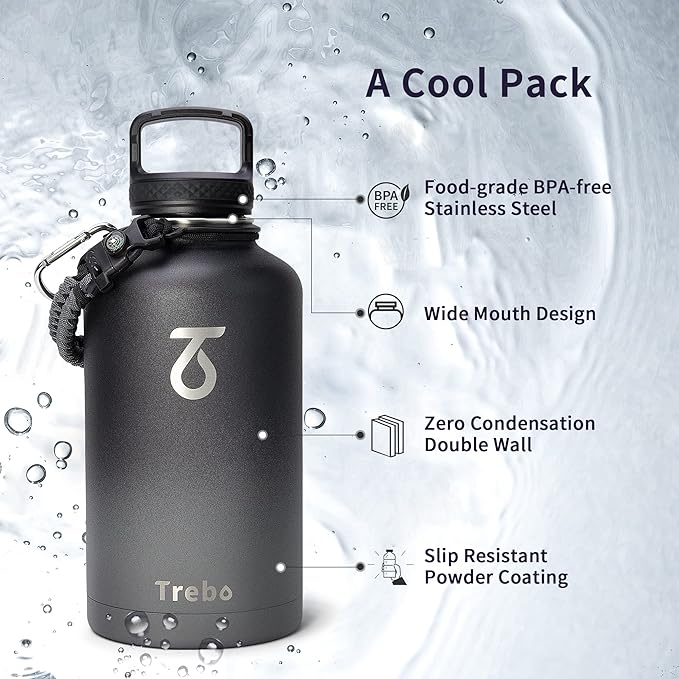 Trebo Water Bottle 64oz with Paracord Handle, Half Gallon Large Vacuum Triple Wall Stainless Steel Insulated Water Jug with Straw Spout Handle Lids, Leakproof BPA-Free Keep Cold & Hot, Dark Gray