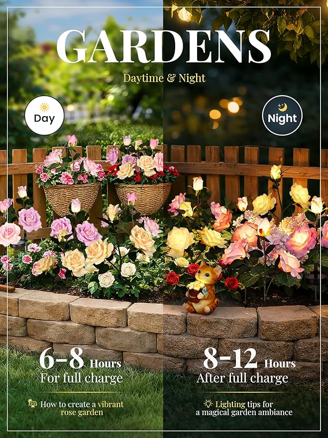 GIGALUMI Solar Lights Outdoor for Garden Decor, 3 Pack Solar Flower Lights Waterproof, 2 Lighting Modes 9 Roses for Pathway,Yard, Patio Decoration, Gardening Gifts for Women (Multi-Colored)