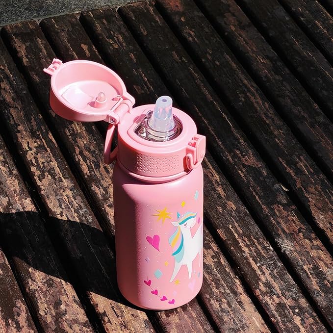 OLDLEY 12oz Kids Water Bottle, Stainless Steel Insulated Water Bottle For Kids, With Straws Leak-proof, Kids Water Bottles For School Boys Girls,Unicorn