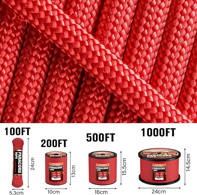 Paracord Rope 750 - Parachute para Cord 4mm 11 Strand Spool Rope Utility Nylon String for Outdoor Camping Survival Utility Tent Crafting DIY Projects - Red 500ft