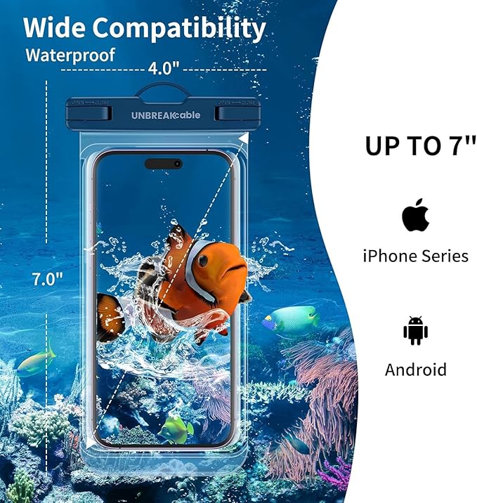 UNBREAKcable Waterproof Phone Pouch-2 Pack IPX8 Waterproof Phone Case for iPhone 16 15 14 13 12 11 Pro Max & Samsung S25 S24-Dry Bag & Travel Essentials for Beach, Pool, Kayak & Cruise-7" Black+Blue