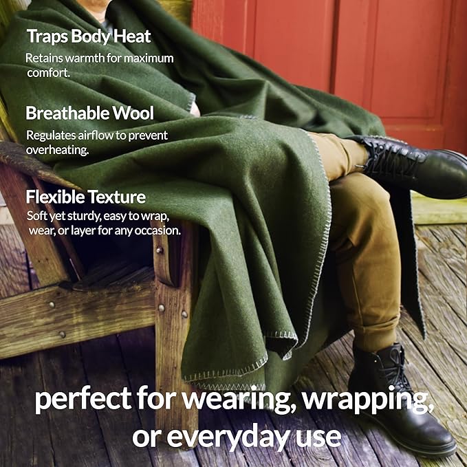 Military Style Wool Blanket – Cushioned, Breathable, Durable, Warm & Washable – Double-Stitched Border– Great for Camping, Outdoor, First Aid, Travel, Car, Fire Retardant – 64"x90" 4.7lb (Olive Green)