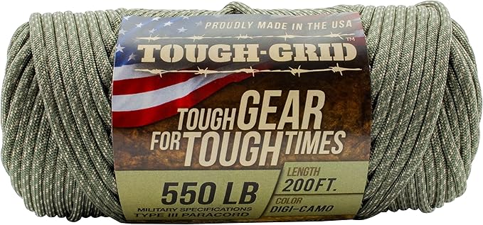 TOUGH-GRID 550 Paracord, Type III Mil-Spec Nylon Rope - 200 Ft Digi-Camo Tactical Survival Cord