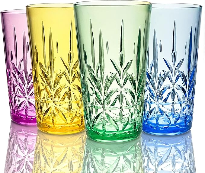 Lily's Home 18oz Unbreakable Premium Drinking Tumblers Set of 4, BPA-Free Dishwasher-Safe Stackable Cups, Crystal HighBall Glasses, Reusable Drinkware for Indoor & Outdoor Use, Made in Taiwan.