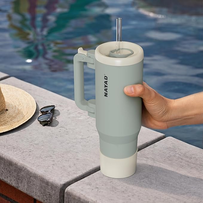 NAYAD 40oz Travel Tumbler with Handle and Straw|Cup Holder Friendly Insulated Stainless Steel Dual Straw-Sip Lid Folding Handle Cupholder Compatible for Travel or Gift| BPA-Free (Grey)