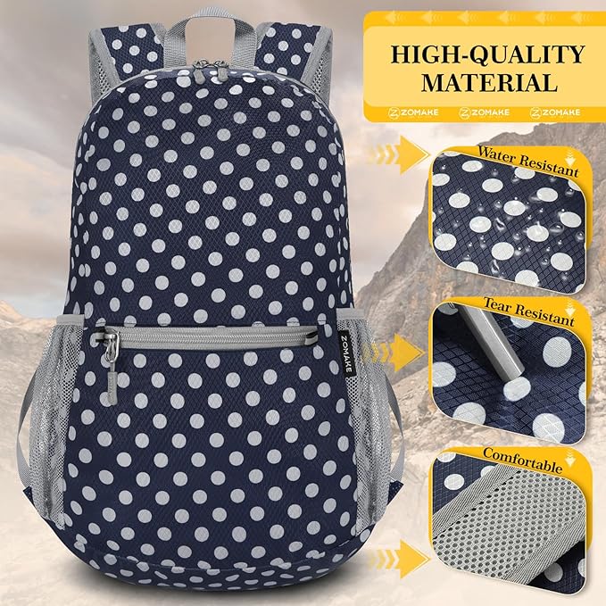 ZOMAKE Ultra Lightweight Hiking Backpack 20L, Packable Small Backpacks Water Resistant Daypack for Women Men(Navy Blue,White polka dots)